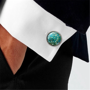 Classic silver-toned men's cufflinks featuring Van Gogh's Almond Blossoms on white shirt