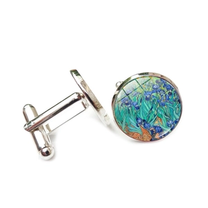 Artistic Van Gogh Iris flower round cufflinks for men in polished silver finish