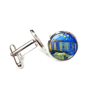 Detailed view of Van Gogh Starry Night cufflinks with polished silver-tone T-bar finish