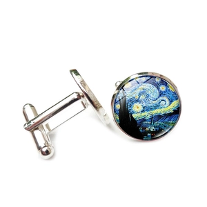 Detailed view of silver cufflinks with Van Gogh Starry Night oil painting glass dome