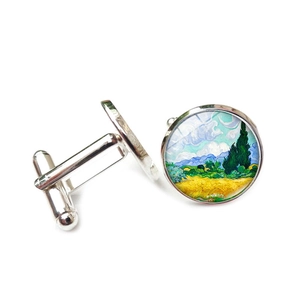 Detail of Van Gogh Wheat Field with Cypresses art cufflinks with silver metal base