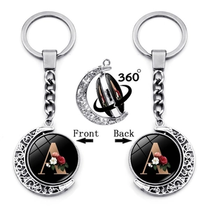 360 Degree Rotating Moon Initial Letter Keychain Double Sided Floral Alphabet Pendant Silver Metal Keyring Fashion Bag Hanging Jewelry Gift