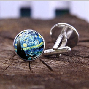 Van Gogh Art Painting Almond Blossoms Starry Night Alloy Glass Cufflinks For Men French Shirt Cuff Links Wedding Business Jewelry