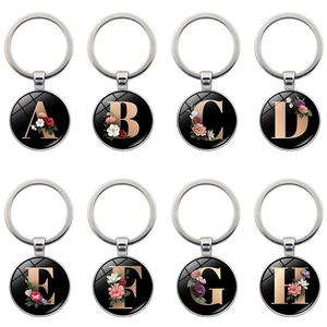 Vintage Floral Alphabet Keychain Silver Metal Initial Letter A-Z Black Round Pendant Time Gem Key Ring For Women Girls Gift