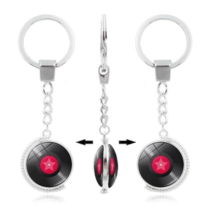 Portachiavi con Disco in Vinile Vintage Lega di Zinco Vetro Ciondolo Rotante a Doppia Faccia Tema Musicale Accessorio per Borsa