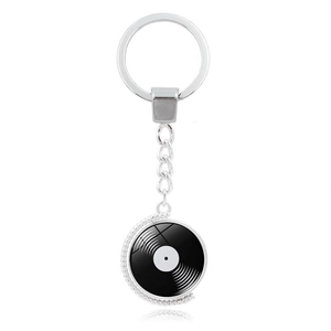 Portachiavi girevole a forma di disco in vinile in metallo argentato con trama realistica