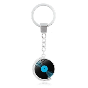 Portachiavi con disco in vinile rotante con anello in metallo e ciondolo azzurro