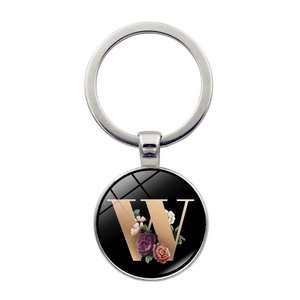 Personalized floral letter W time gem keychain with glass dome and metal ring charm