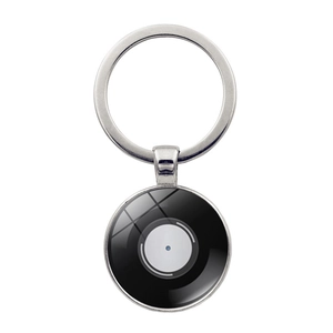 Classic vinyl record design metal keychain with polished silver frame and glass dome charm