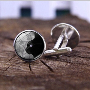 Vintage Men Black Cat Moon Time Gemstone Alloy Glass Cufflinks Retro Gothic Business Formal Shirt Suit Jewelry Accessories