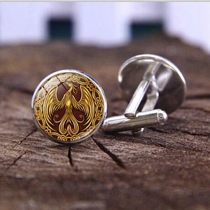 Vintage Phoenix Pattern Glass Cabochon Men's Cufflinks Alloy Metal Shirt Accessory For Wedding Business Retro Style Gift