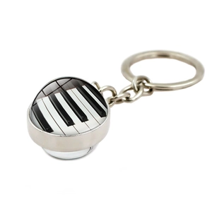 Silver piano keyboard crystal glass ball keychain with musical theme pendant and ring