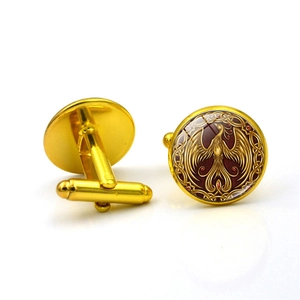 Golden phoenix pattern cufflinks for men featuring a classic glass dome and bullet back closure