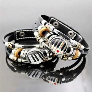 Bracelet Multi-couches en Cuir Thème Musique Rétro Touches de Piano Note pour Femmes Hommes Bracelet Tissé Punk Bijoux Cadeau