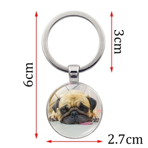Cute pug puppy time gem keychain with silver alloy ring and glass pendant charm
