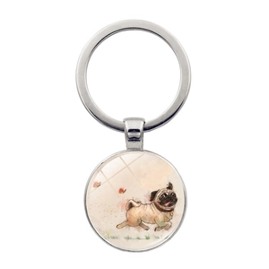 Cute pug puppy time gem keychain with silver metal ring for bags and creative gifts