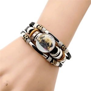 Multilayer leather bracelet featuring a vintage pug photo charm and wooden beads