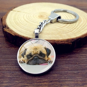 Cute Pug Dog Keychain Pendant Silver Zinc Alloy Glass Cabochon Pet Puppy Keyring Creative Charm For Dog Lovers Gift