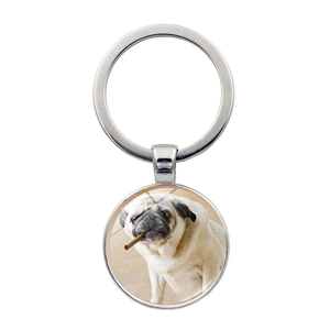 Funny pug dog keychain with sunglasses and cigar on round silver metal keyring