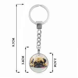 Cute pug dog glass cabochon pendant keychain with dimensions of 9.7cm total length