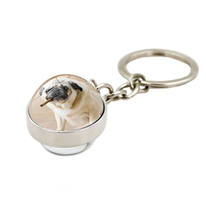 Portachiavi in metallo argento con cabochon in vetro rotondo e motivo carino di carlino