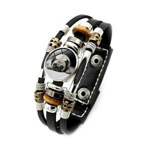 Multilayer leather bracelet with silver beads and a cute pug dog portrait charm