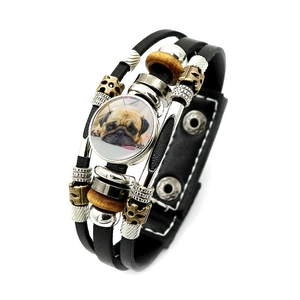 Multilayer black leather pug bracelet with vintage metal beads and wood charms