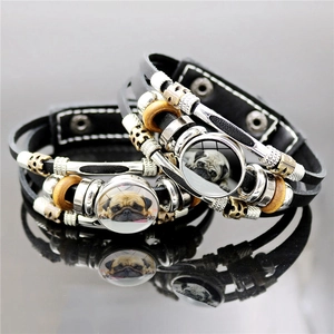 Cute Pug Dog Multi-layer Synthetic Leather Bracelet For Women Men Vintage Punk Handmade Braided Alloy Glass Wood Jewelry