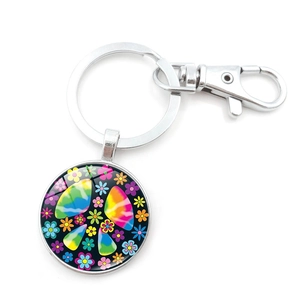 Rainbow peace sign keychain with colorful floral patterns and silver lobster clasp accessory