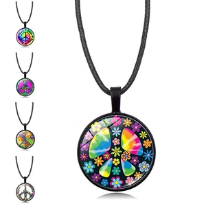 Vintage Peace Sign Pendant Necklace Alloy Glass Cabochon Hippie Bohemian Jewelry Women Men Rainbow Floral Butterfly Charm