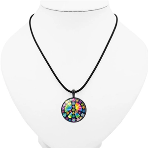 Peace symbol glass pendant necklace with colorful floral patterns on black cord