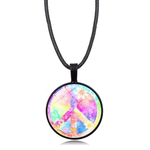 Peace symbol pendant necklace with colorful floral pattern and black braided cord strap