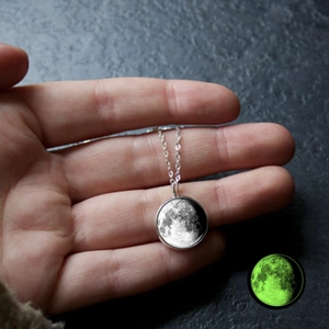 Luminous Moon Pendant Necklace Silver Alloy Glass Galaxy Space Jewelry Glowing In The Dark Moon Phase Necklaces For Women Men Gifts