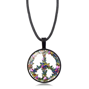 Peace sign necklace with colorful butterfly patterns and black leather cord for women