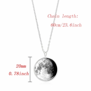 Luminous moon pendant necklace with silver chain and glass dome astronomical design