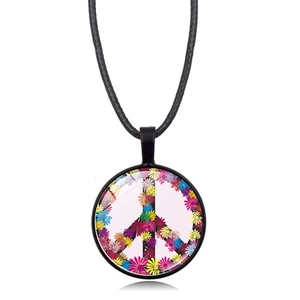 Detailed close-up of a glass peace sign pendant with colorful floral patterns on black cord