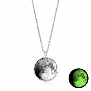 Luminous moon pendant necklace with silver frame glowing in the dark for women