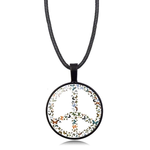 Detailed view of peace sign pendant necklace featuring colorful butterfly pattern and black cord