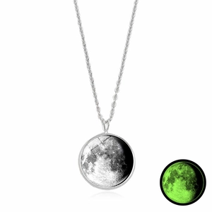 Luminous moon pendant necklace showing green glow effect and detailed lunar surface