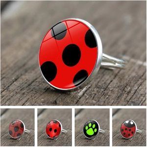 Cartoon Ladybug Dots Cat Paw Time Gem Glass Open Ring For Women Kids Alloy Adjustable Fashion Jewelry Silver Finger Ring