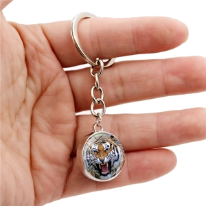 Luminous tiger head crystal glass ball keychain with silver stainless steel ring holder