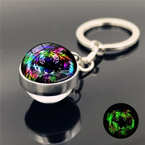 Luminous Tiger Head Glass Ball Keychain Zinc Alloy Double Sided Glow In Dark Animal Pendant For Women Men Bag Accessories