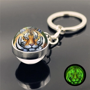 Detailed macro view of luminous glass ball keychain with realistic tiger head artwork