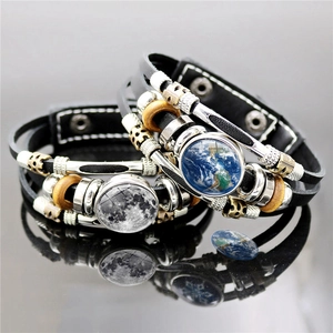 Bracciale in Pelle Multistrato Sistema Solare Galassia Terra Luna Punk Vintage Lega Legno Vetro Bottone a Pressione Uomo Donna