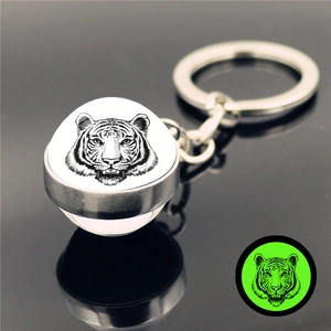 Detailed view of tiger head glass ball keychain with green glowing effect in the dark
