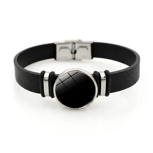 Customizable black leather bracelet with silver stainless steel clasp and round charm