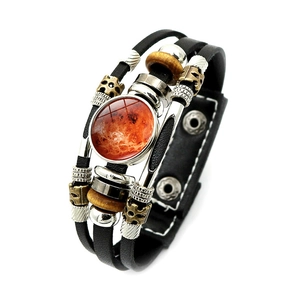 Bracciale multistrato in pelle stile punk con cabochon in vetro sistema solare