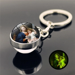 Luminous crystal glass ball keychain with Virgin Mary icon and glowing effect