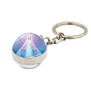 Silver metal keychain featuring a crystal glass dome with a classic Virgin Mary portrait