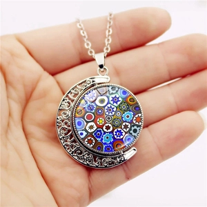 Italian Millefiori glass moon pendant necklace in silver tone for women jewelry